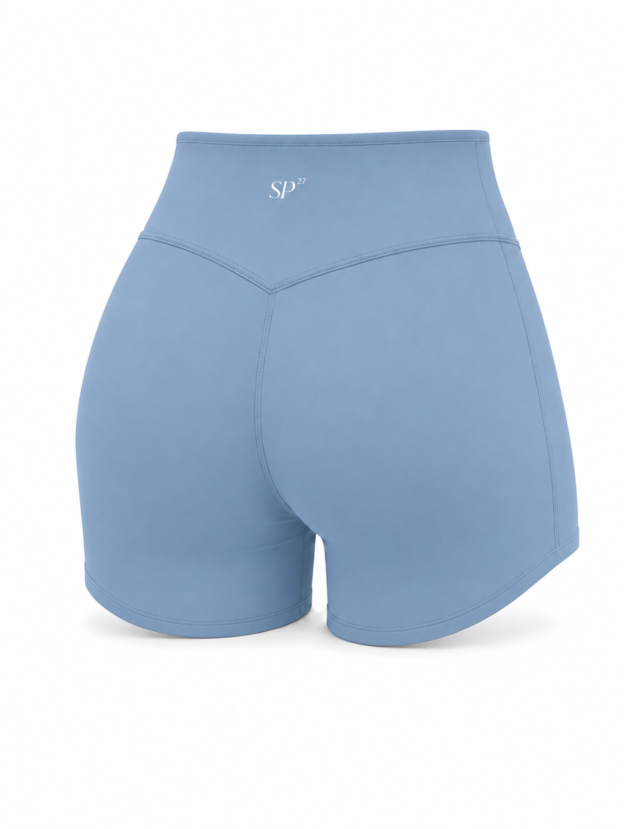 DUAL Short in Azure, a high waisted activewear short shown from the back