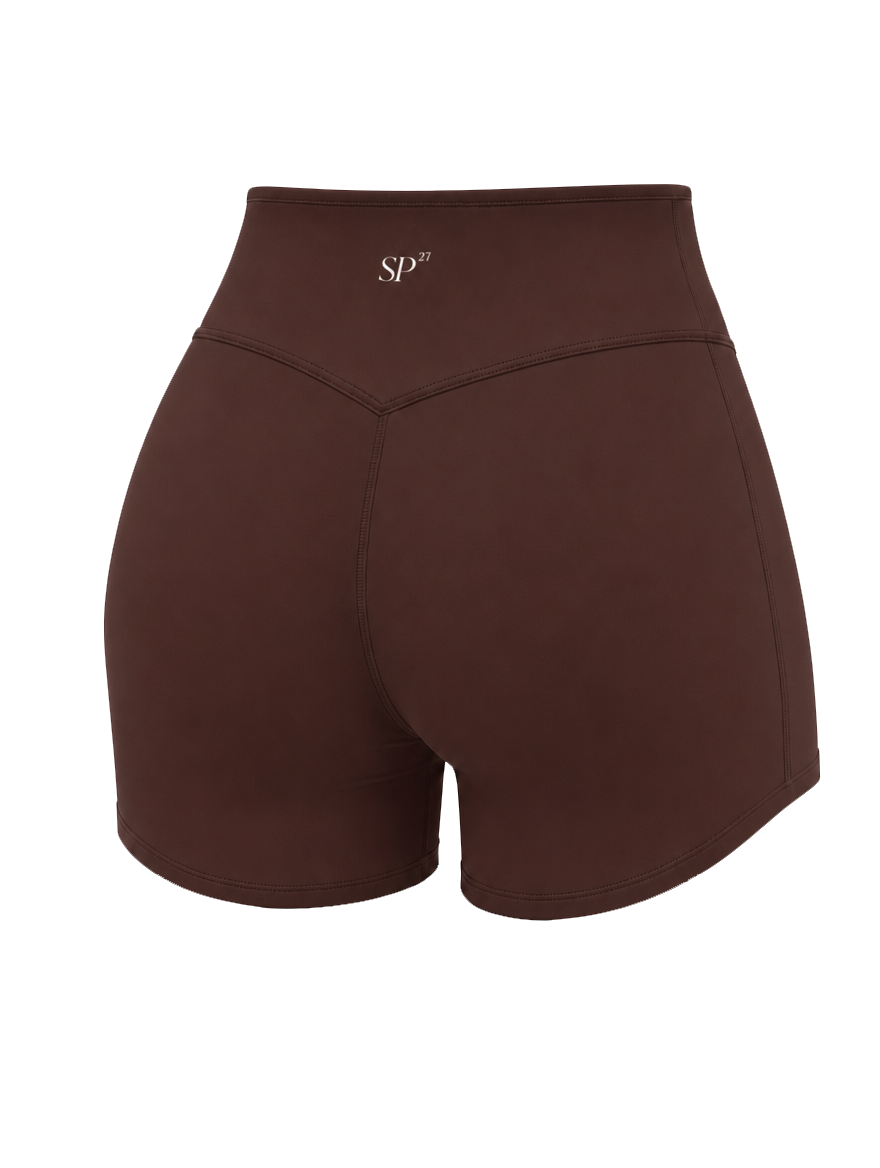 DUAL Short in Sienna, a high waisted activewear short shown from the back