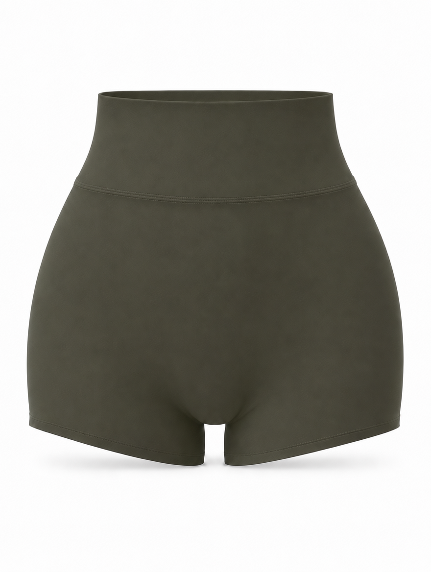 DUAL Short in Verde, a high waisted activewear short shown from the front