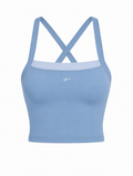 DUAL Top in Azure, a square neck crop tank with contrast binding at the neckline
