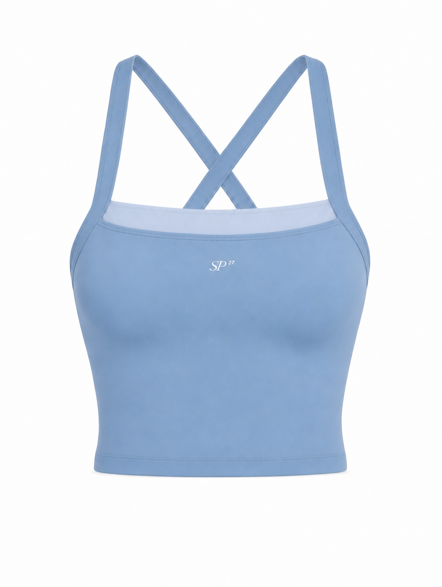 DUAL Top in Azure, a square neck crop tank with contrast binding at the neckline