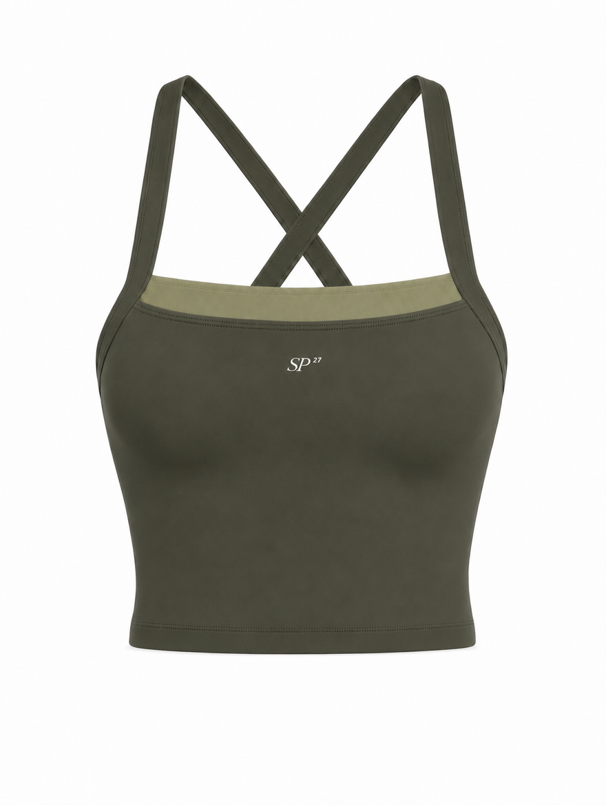 DUAL Top in Verde, a square neck crop tank with contrast binding at the neckline